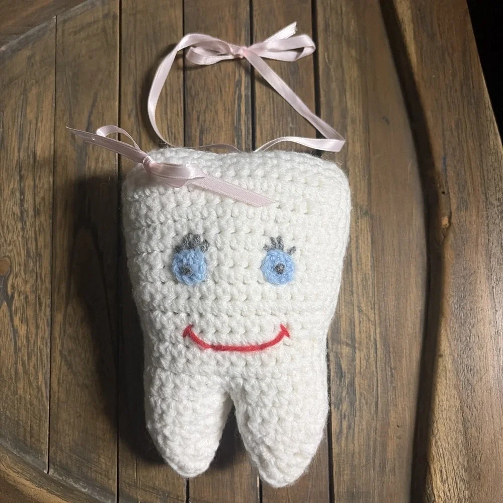 Handmade Crocheted Tooth Fairy Pillow Blue Eyes Pink Ribbon